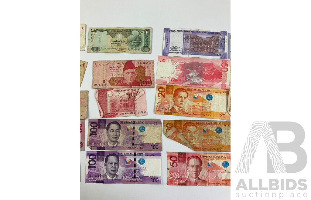 Collection of International Banknotes Including India, UAE, Pakistan, Philippines