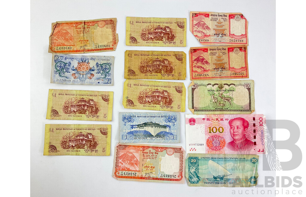 Collection of International Banknotes Including Nepal, Bhutan, China, UAE