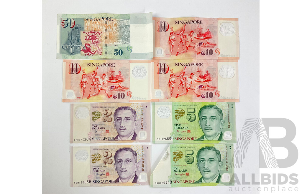 Collection of Singapore Banknotes Including Fifty(1) Ten(3) Two(2)