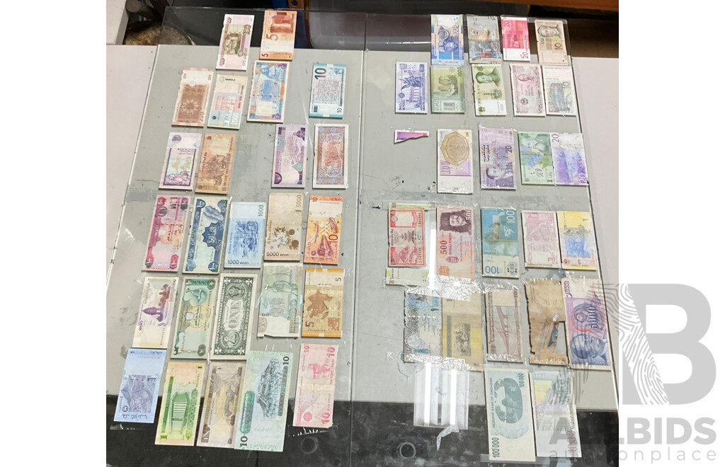 Two Glass Panels of Taped International Banknotes Including USA, Switzerland, Malaysia, Qatar, Mexico, Syria, South Africa and More