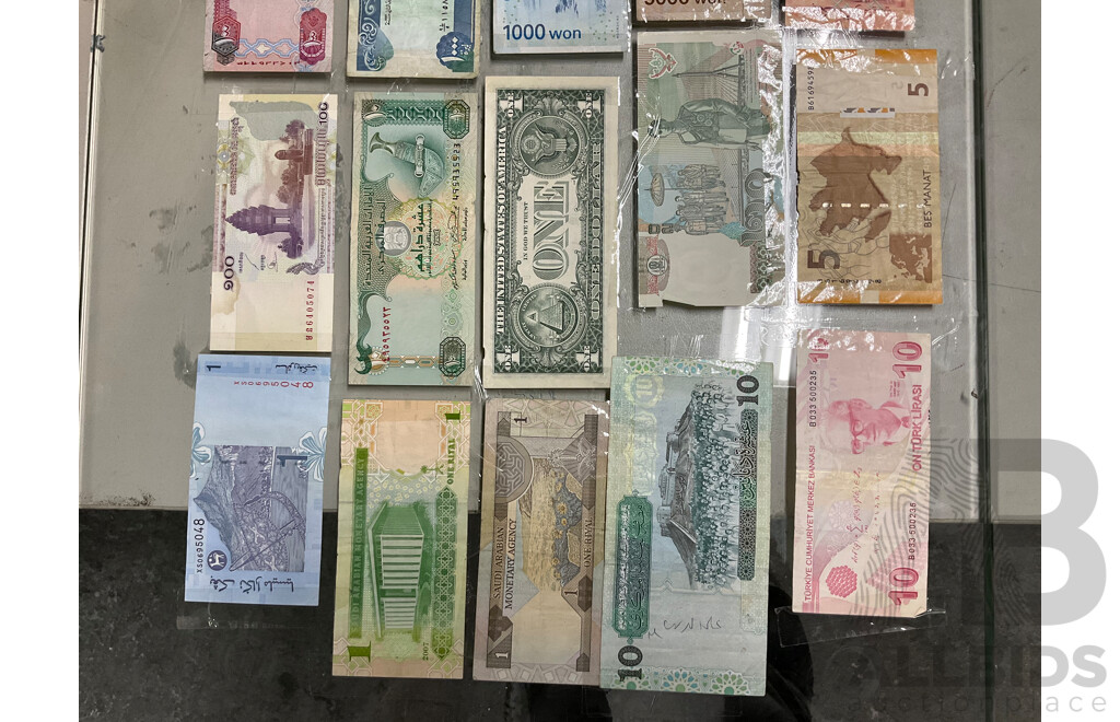 Two Glass Panels of Taped International Banknotes Including USA, Switzerland, Malaysia, Qatar, Mexico, Syria, South Africa and More