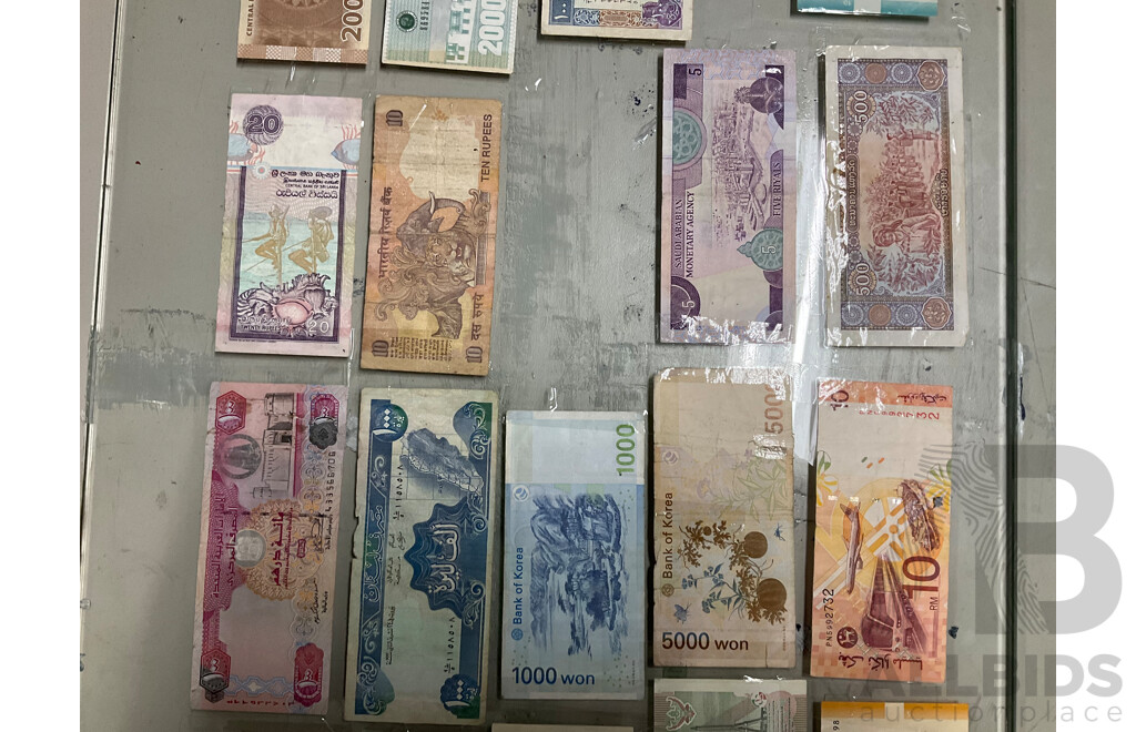 Two Glass Panels of Taped International Banknotes Including USA, Switzerland, Malaysia, Qatar, Mexico, Syria, South Africa and More