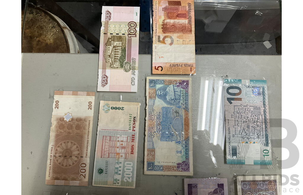 Two Glass Panels of Taped International Banknotes Including USA, Switzerland, Malaysia, Qatar, Mexico, Syria, South Africa and More