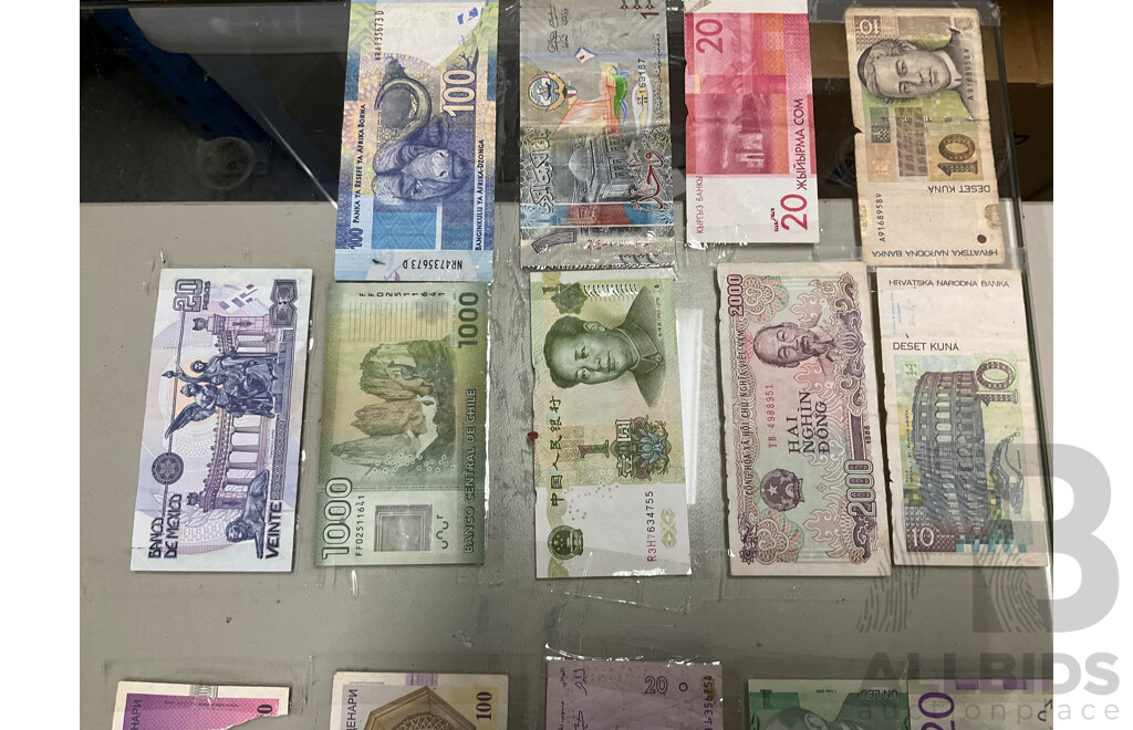 Two Glass Panels of Taped International Banknotes Including USA, Switzerland, Malaysia, Qatar, Mexico, Syria, South Africa and More