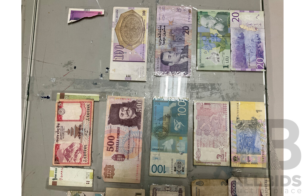 Two Glass Panels of Taped International Banknotes Including USA, Switzerland, Malaysia, Qatar, Mexico, Syria, South Africa and More