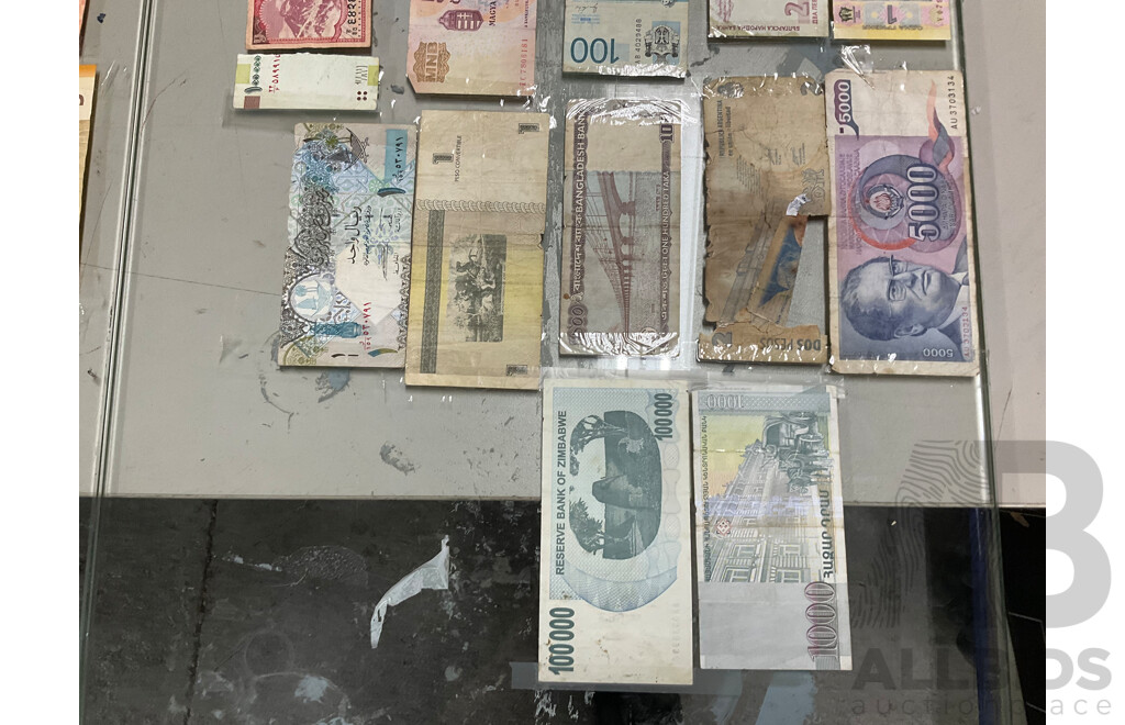 Two Glass Panels of Taped International Banknotes Including USA, Switzerland, Malaysia, Qatar, Mexico, Syria, South Africa and More