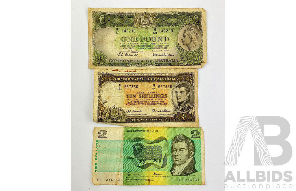 Australian One Pound and Ten Shillings Notes, Coombs/Wilson with 1985 Two Dollar Note Johnston/Fraser LFT