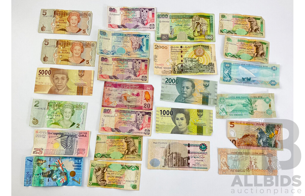 Collection of International Banknotes Including Fiji, Indonesia, Singapore, Sri Lanka, New Zealand, UAE