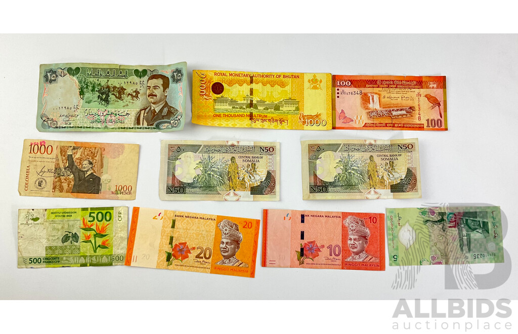 Collection of International Banknotes Including Somalia, Sri Lanka, Iraq, Malaysia, Colombia, French Pacific, Bhutan