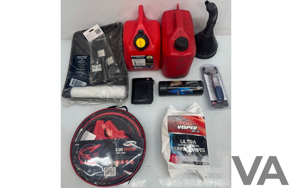 Paint Roller, Jerry Cans, Funnel, Wipes, Jump Leads
