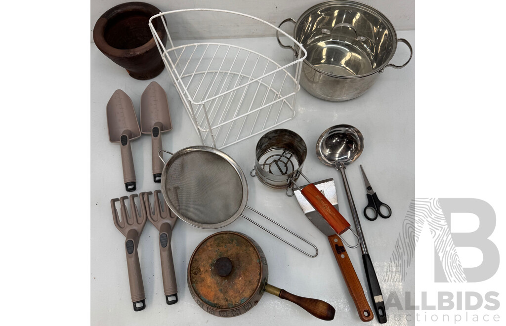 Kitchen Goods - Spice Rack, Sifter, Pots, Scissors