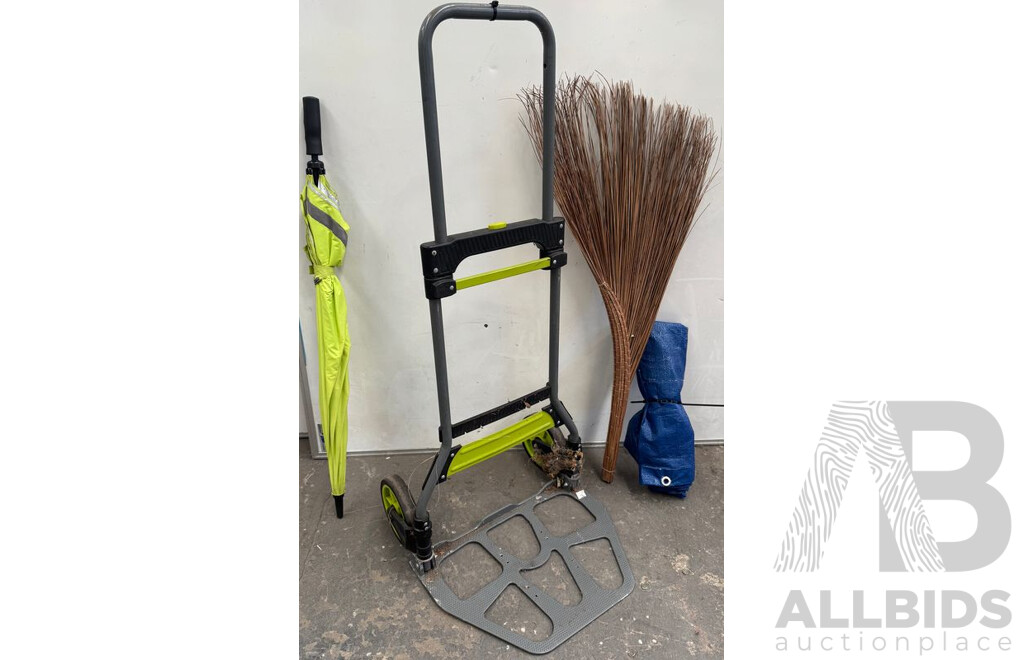 Folding Trolley, Tarp, Umbrella and Grass Broom Stick