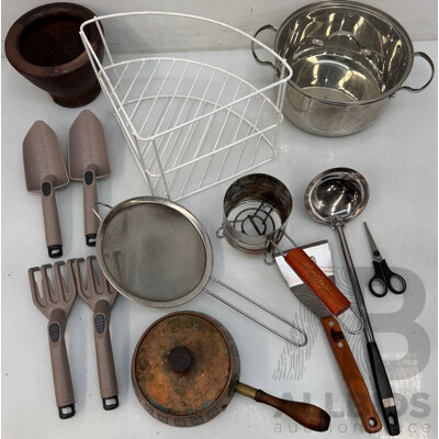 Kitchen Goods - Spice Rack, Sifter, Pots, Scissors