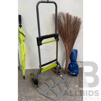 Folding Trolley, Tarp, Umbrella and Grass Broom Stick