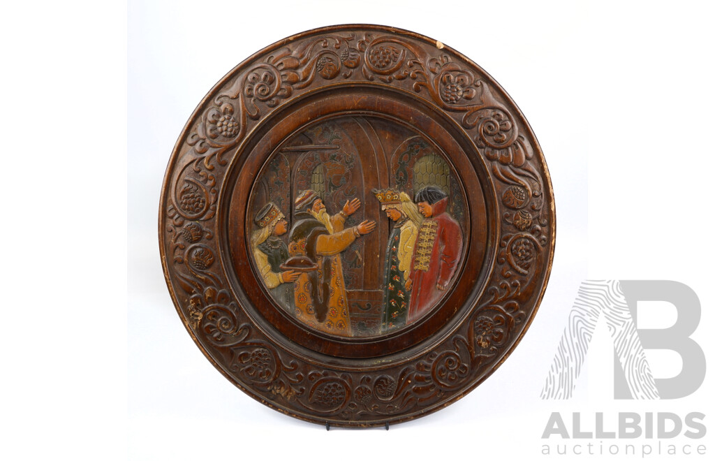 Antique Russian Hand Carved and Painted Wooden Charger with Religious Theme