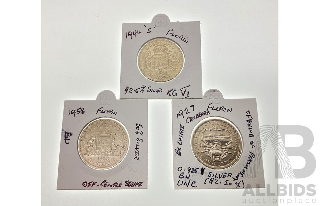 Three Australian Silver Florins Including Commemorative 1927, 1944S San Fransisco Mint and 1958