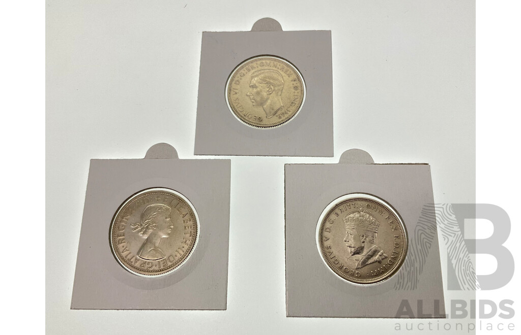 Three Australian Silver Florins Including Commemorative 1927, 1944S San Fransisco Mint and 1958