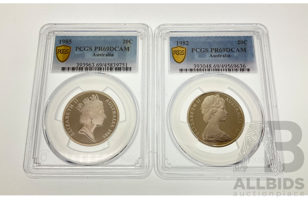 Two Australian Graded Twenty Cent Coins, 1982 PCGS PR69DCAM and 1985 PCGS PR69DCAM