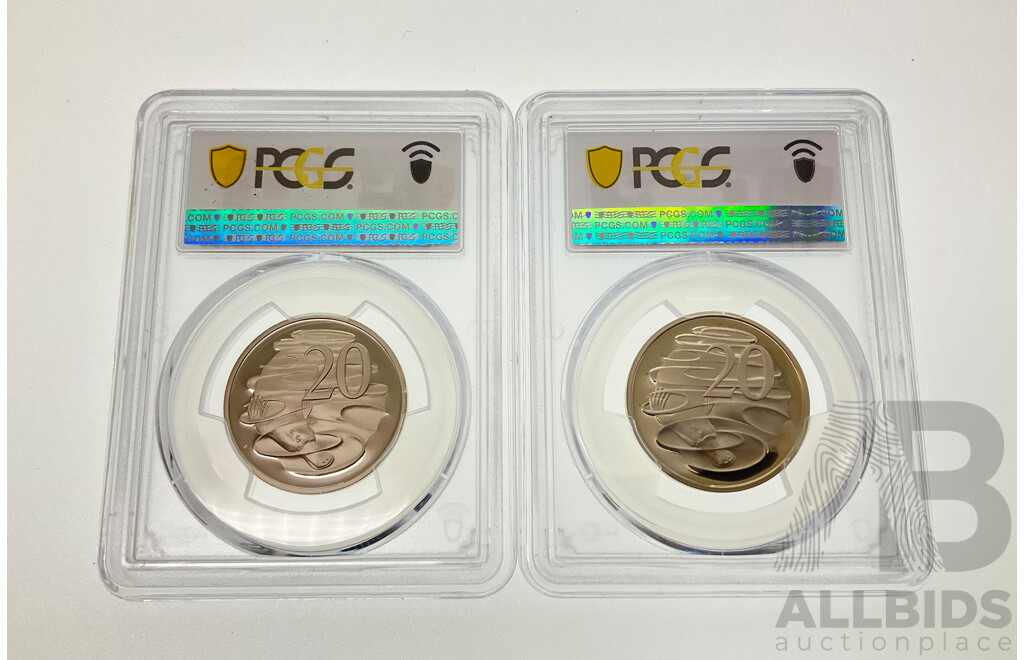 Two Australian Graded Twenty Cent Coins, 1982 PCGS PR69DCAM and 1985 PCGS PR69DCAM