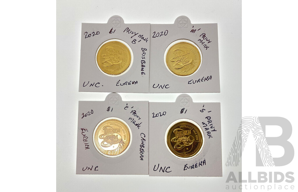 Four Australian 2020 Commemorative One Dollar Coins, Eureka! Privy Marks 'C' 'S' 'M' 'B'