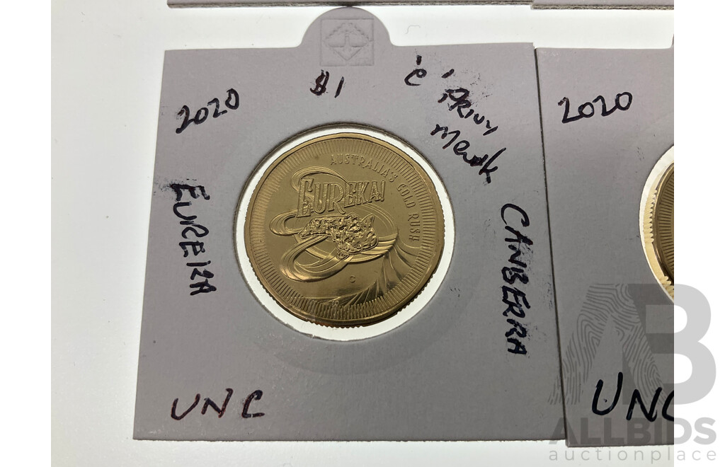 Four Australian 2020 Commemorative One Dollar Coins, Eureka! Privy Marks 'C' 'S' 'M' 'B'