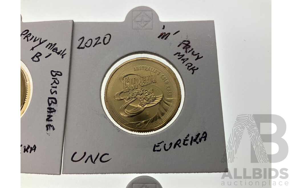 Four Australian 2020 Commemorative One Dollar Coins, Eureka! Privy Marks 'C' 'S' 'M' 'B'