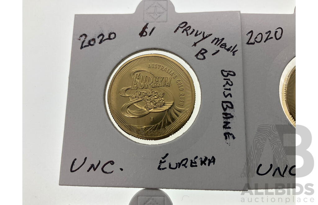 Four Australian 2020 Commemorative One Dollar Coins, Eureka! Privy Marks 'C' 'S' 'M' 'B'