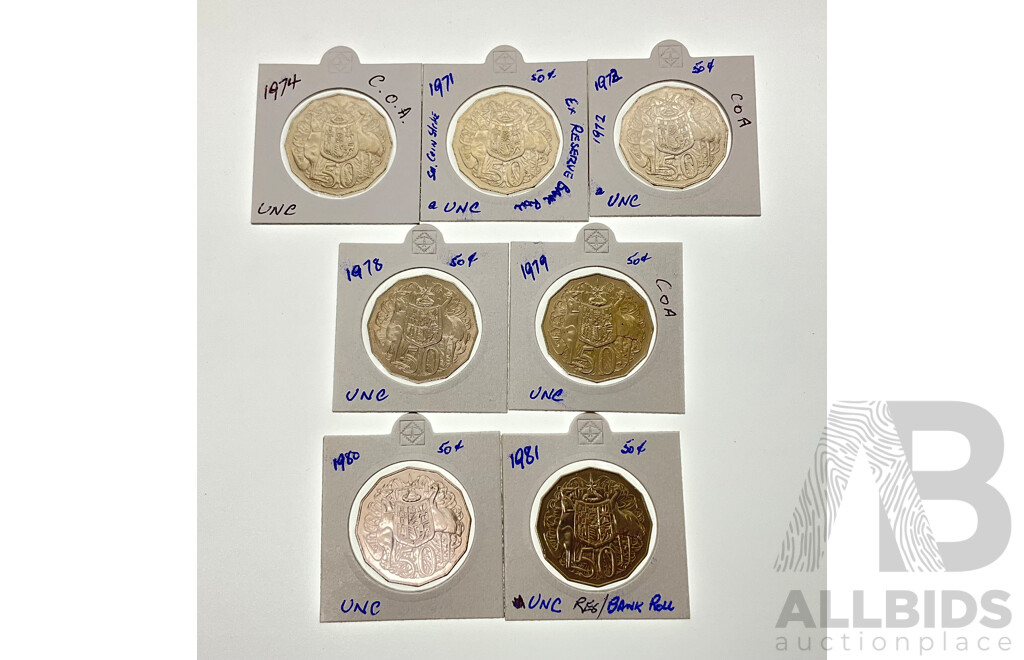 Australian A/UNC Fifty Cent Coins Including 1971, 1972, 1974, 1978, 1979, 1980, 1981