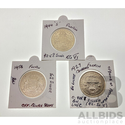 Three Australian Silver Florins Including Commemorative 1927, 1944S San Fransisco Mint and 1958