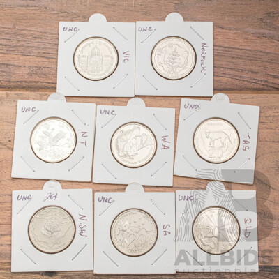 Eight Australian 2001 UNC Twenty Cent Coins, Commemorative Federation, (Lacking A.C.T)