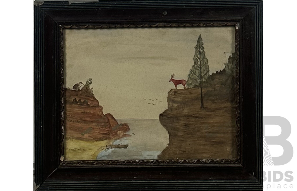 Artist Unknown (Americana Folk Art), Vintage Landscape - Hunter and Prey, Pencil and Watercolour, 32 x 38 cm (frame)