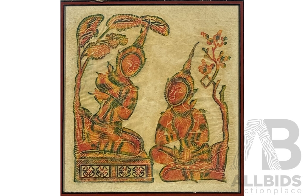 Thai School (Date Unknown), Figures in Cintemplation, Vintage Coloured Temple Rubbing on Rice Paper, 50 x 47 cm (frame)