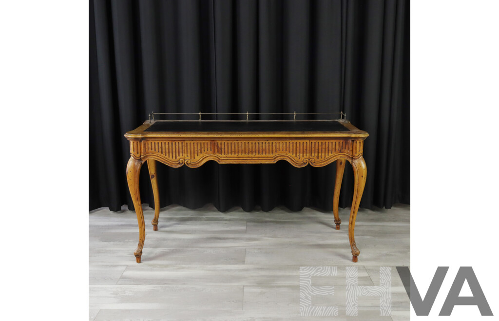 Good Reproduction French Style Walnut Ladies Desk with Leather Top and Brass Gallery