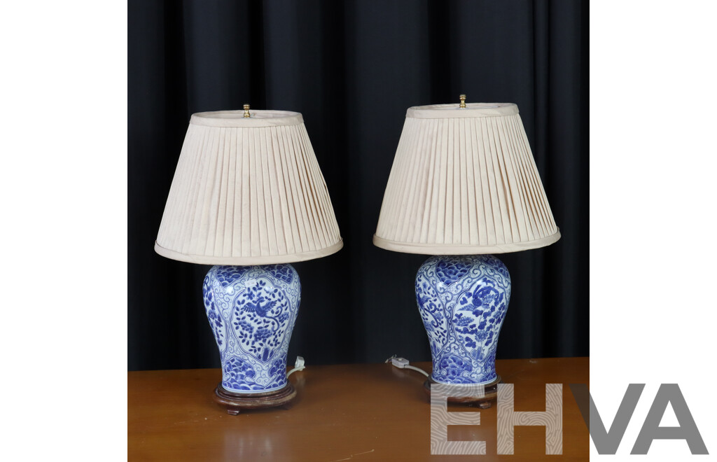 Pair of Chinese Blue and White Ceramic Table Lamps