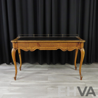 Good Reproduction French Style Walnut Ladies Desk with Leather Top and Brass Gallery