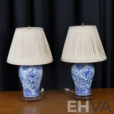 Pair of Chinese Blue and White Ceramic Table Lamps