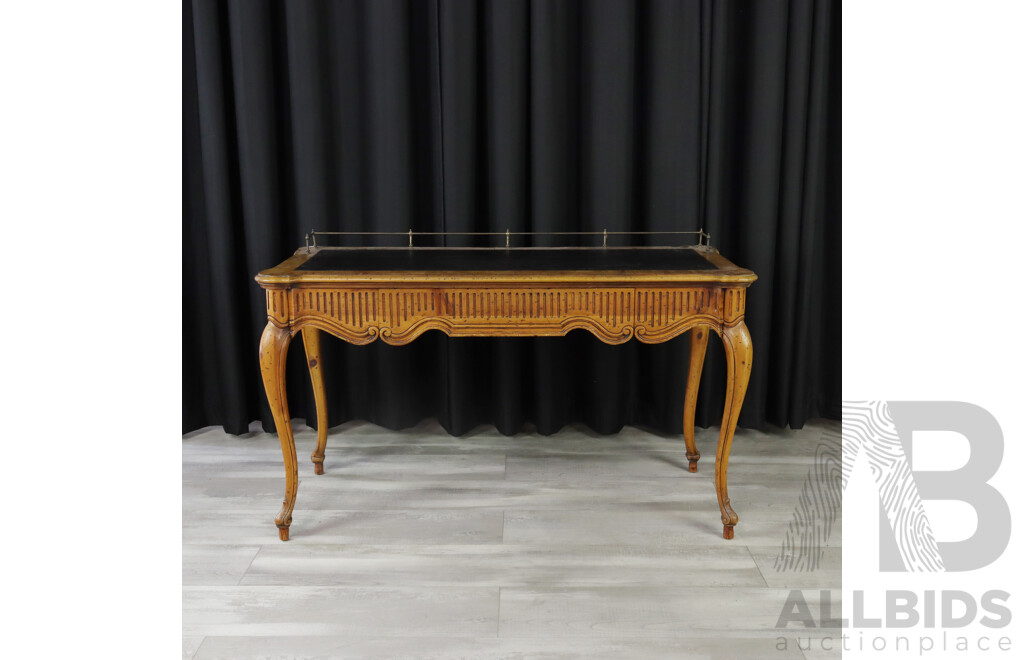 Good Reproduction French Style Walnut Ladies Desk with Leather Top and Brass Gallery