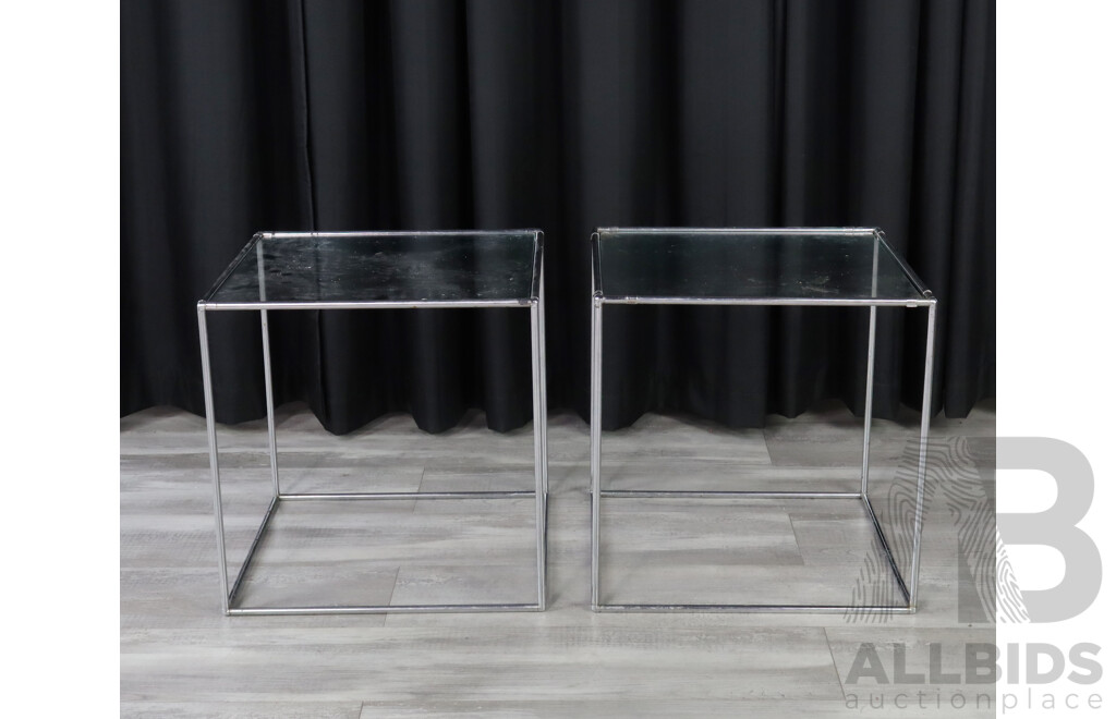 Pair of Chrome Square Form Side Tables with Glass Tops