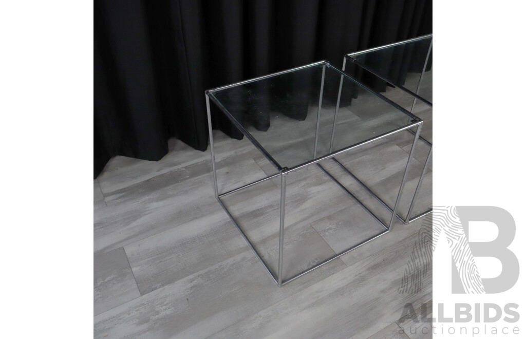 Pair of Chrome Square Form Side Tables with Glass Tops