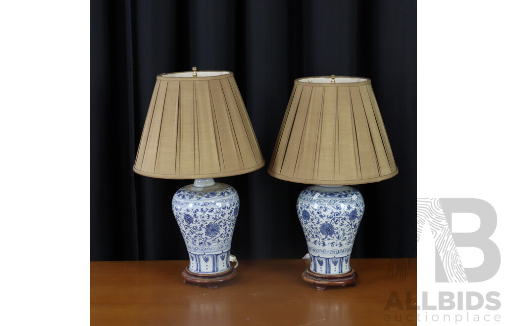 Pair of Chinese Blue and White Ceramic Table Lamps