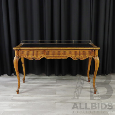 Good Reproduction French Style Walnut Ladies Desk with Leather Top and Brass Gallery