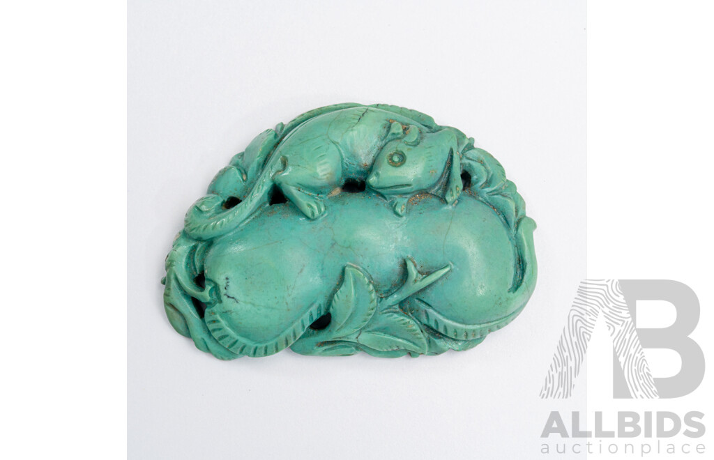Antique Chinese Turquoise Stone Gourd Carving, 30mm X 40mm, 11.50 Grams