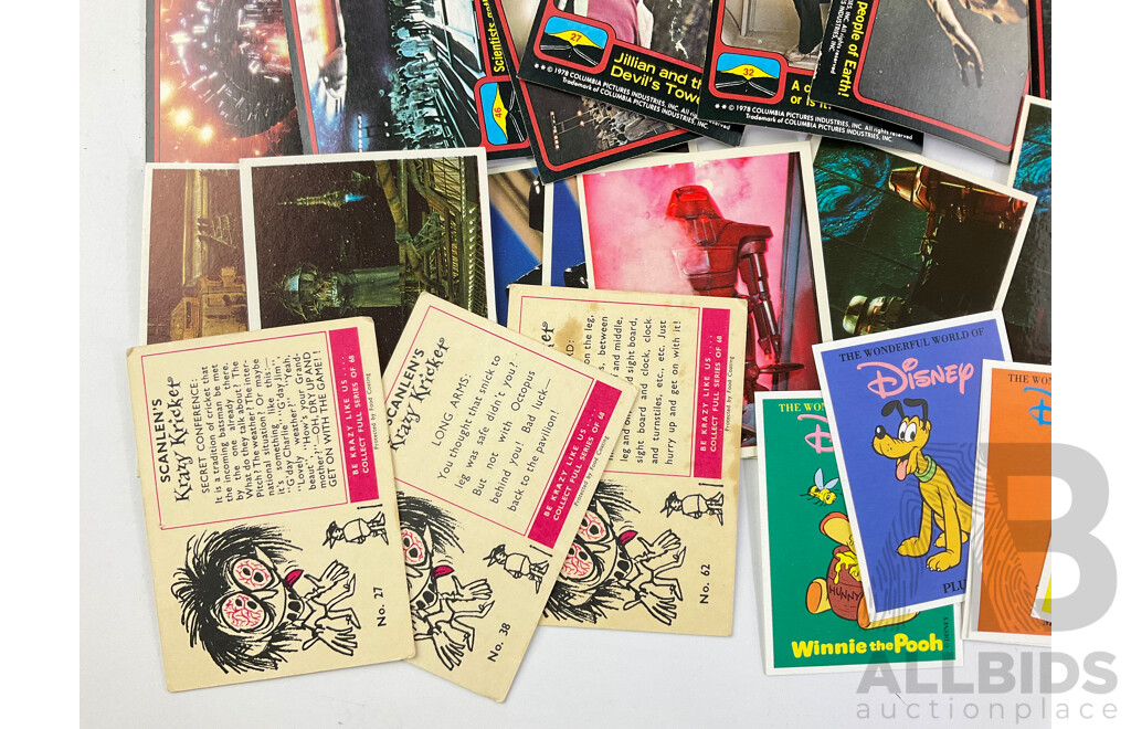 Vintage Collector Cards Including 1978 Encounters of the Third Kind, Kung Foo, Scanlans Krazy Kricket and VFL, White Wings Black Hole, Four Sealed Narnia Card Packs, Weet Bix Disney