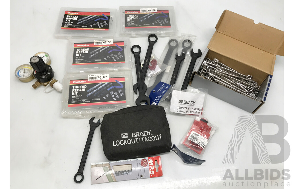 Assorted Lot of Tools and Sets Including Spanners, Thread Repair Kits, Screws, and More