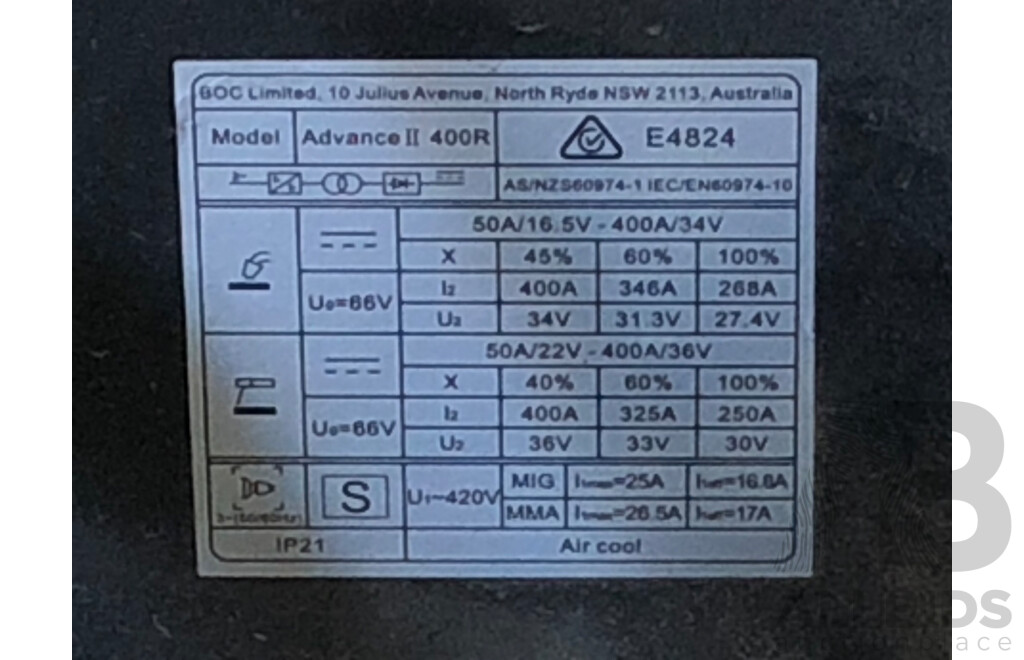 BOC Smootharc Advance II MIG 400R Mobile Mig Welder