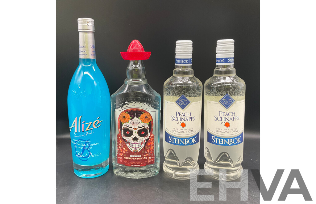 Alize Bleu Cognac 750ml, Oriloff Vodka 700ml & Steinbok Peach Schnapps 700ml (x2) - Lot of 4 - ORP $199.99