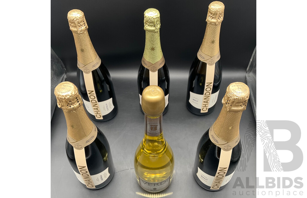 Chandon Brut Wine 750ml (x5) & Verdi Spumanter Wine - Lot of 6 -  ORP $165.00