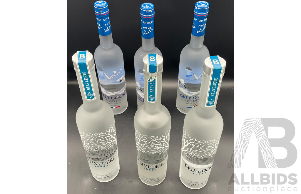 Grey Goose Vodka 700ml (x3) & Belvedere Vodka 700ml (x3) - Lot of 6 - ORP $479.00