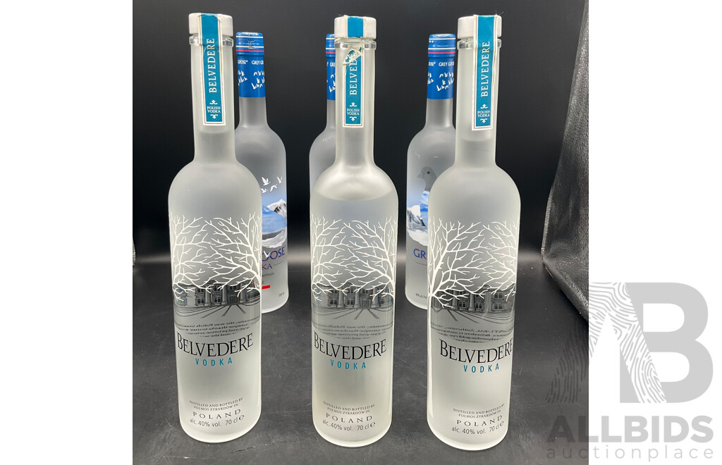 Grey Goose Vodka 700ml (x3) & Belvedere Vodka 700ml (x3) - Lot of 6 - ORP $479.00