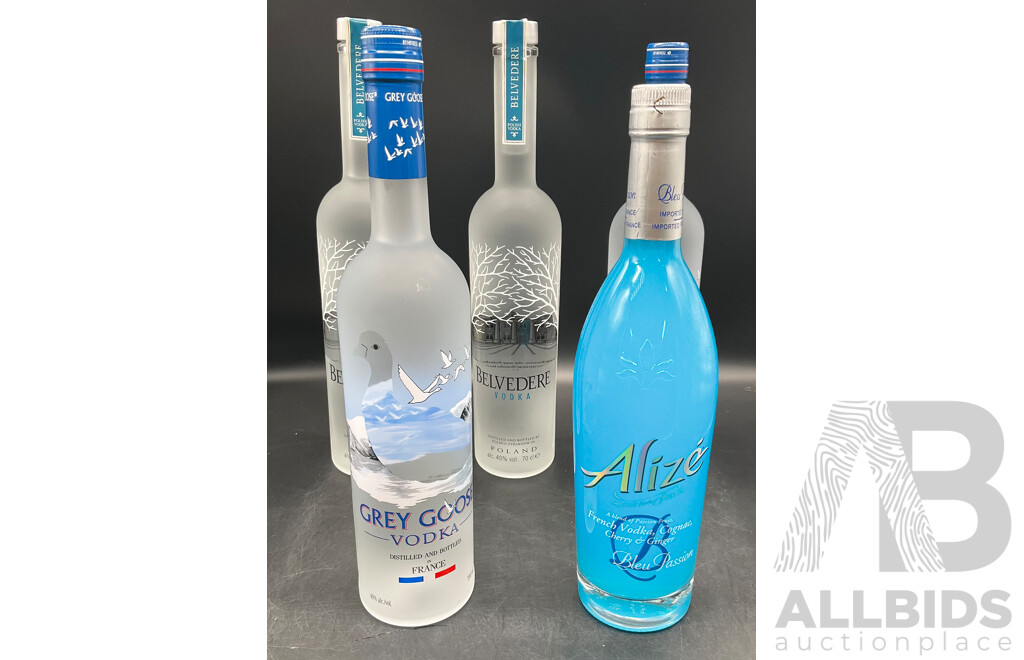 Grey Goose Vodka 700ml (x2), Belvedere Vodka 700ml (x2) & Alize Bleu Cognac 750ml - Lot of 5 - ORP $389.00